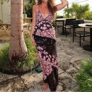 For Love & Lemons Rosalyn Pink Floral Ruffled Bohemian Formal V Neck Maxi Dress